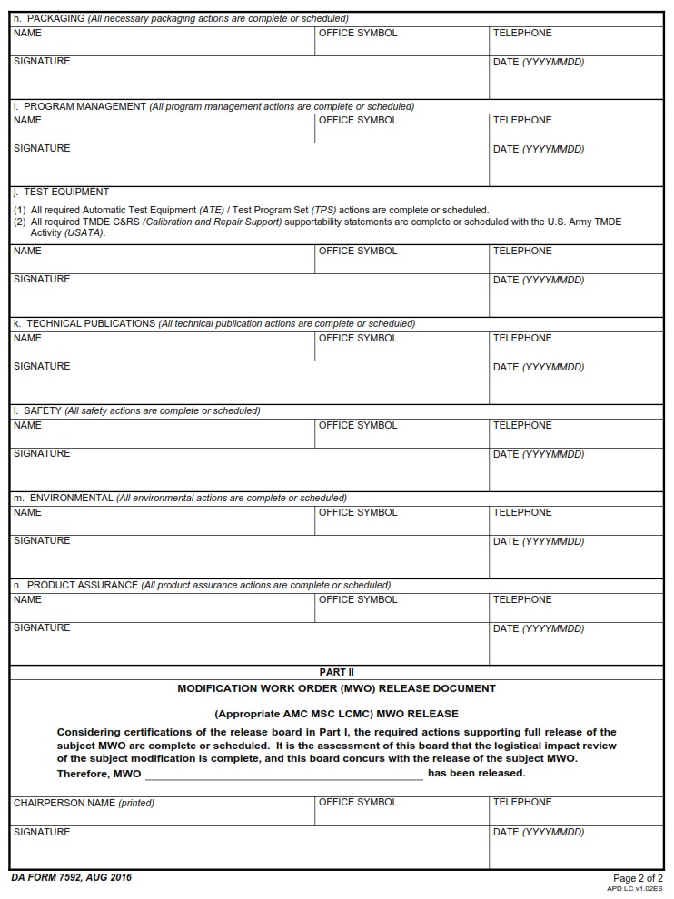 DA FORM 7592 - Modification Work Order (MWO) Exhibit Of Concurrence Page2