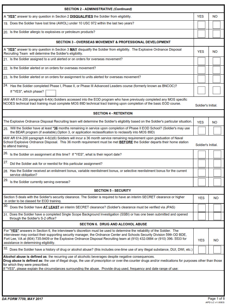 DA FORM 7759 - United States Army Explosive Ordnance Disposal (Eod) Interview Checklist Page 2