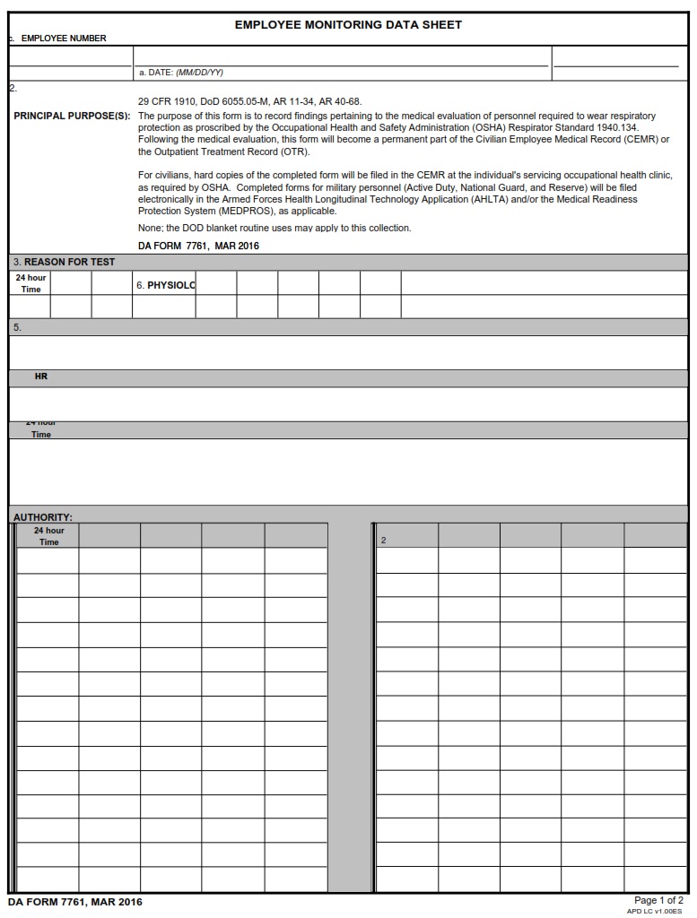 DA FORM 7761 - Employee Monitoring Data Sheet Page 1