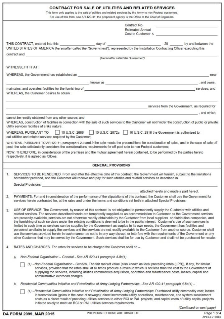 DA FORM 2099 – Contract For Sale Of Utilities And Related Services ...