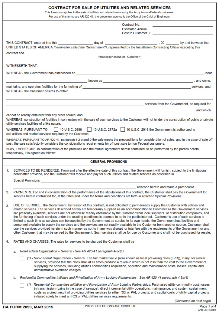 DA FORM 2099 - Contract For Sale Of Utilities And Related Services page 1