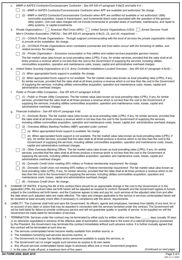 DA FORM 2099 - Contract For Sale Of Utilities And Related Services page 2