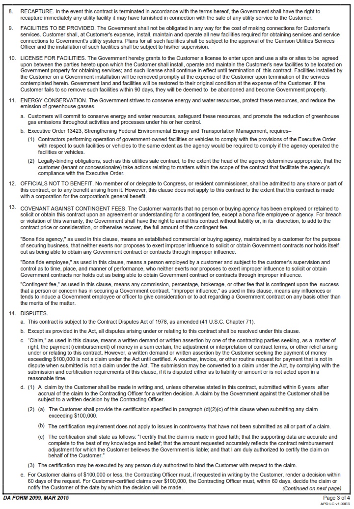 DA FORM 2099 - Contract For Sale Of Utilities And Related Services page 3