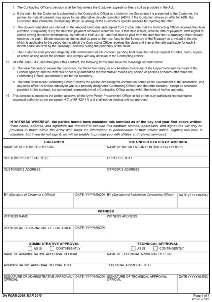 DA FORM 2099 – Contract For Sale Of Utilities And Related Services ...