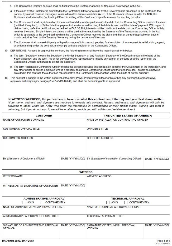 DA FORM 2099 - Contract For Sale Of Utilities And Related Services page 4
