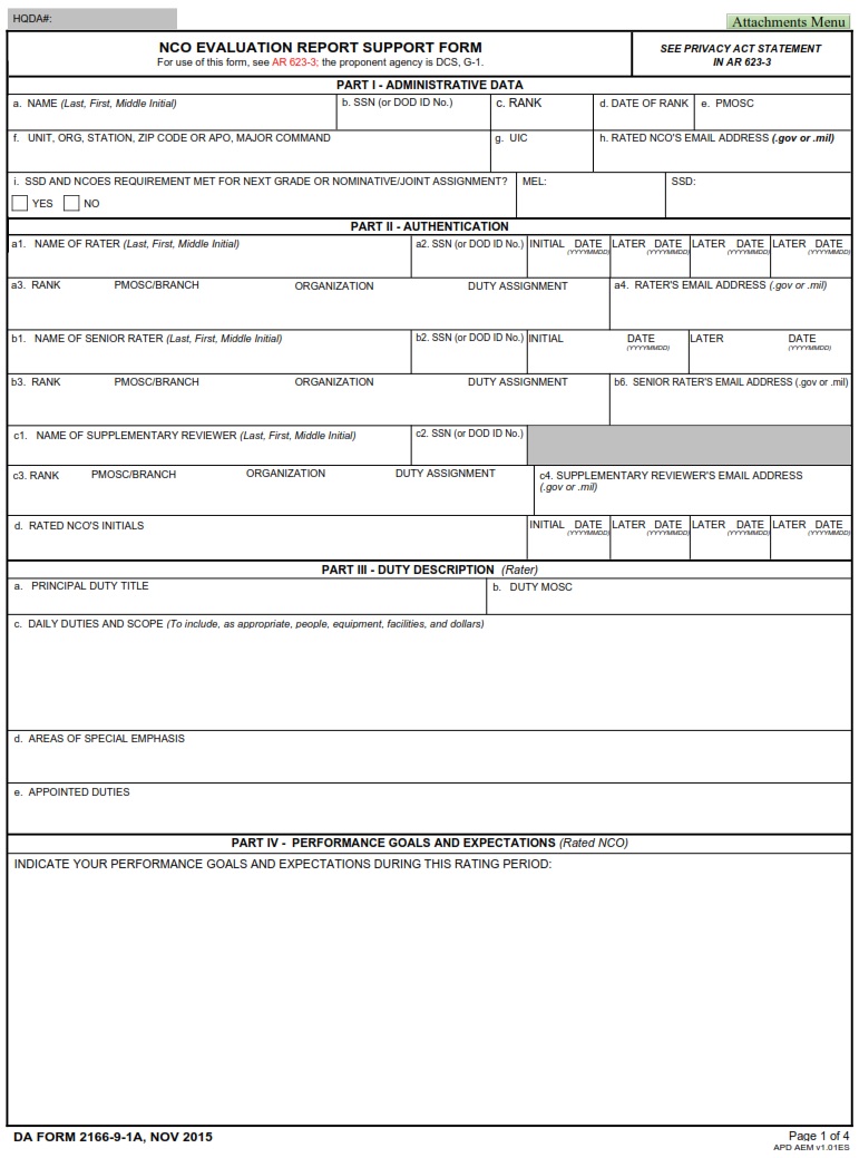 DA FORM 2166-9-1A - NCO Evaluation Report Support Form Page 1