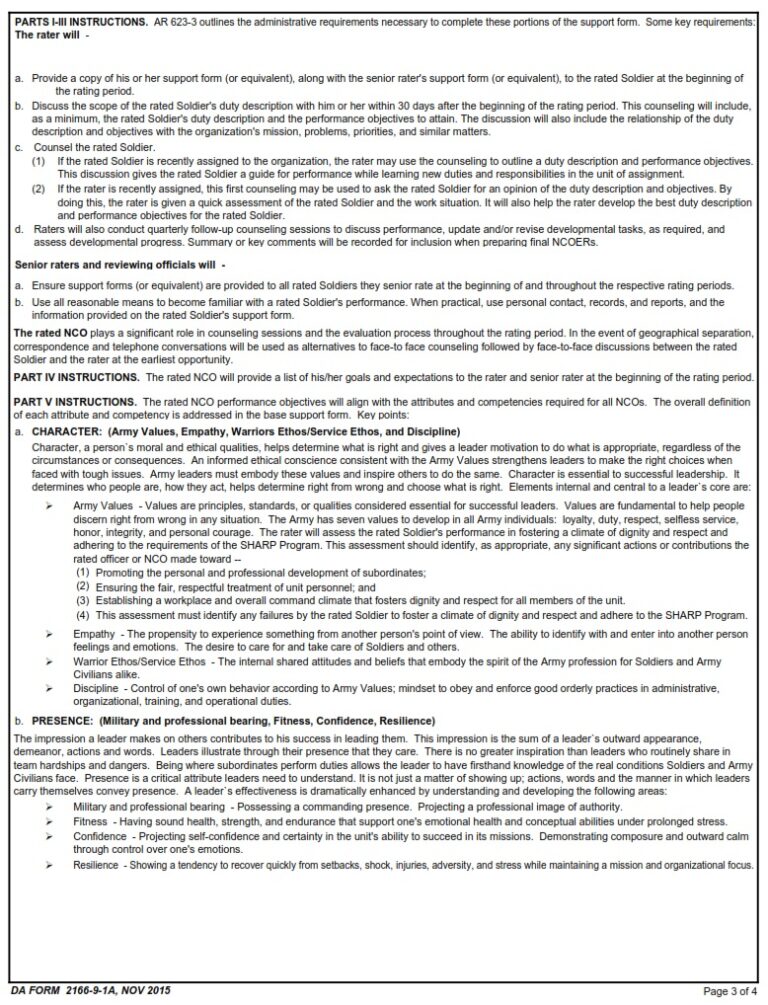 DA FORM 2166-9-1A – NCO Evaluation Report Support Form | Army Pubs DA Form