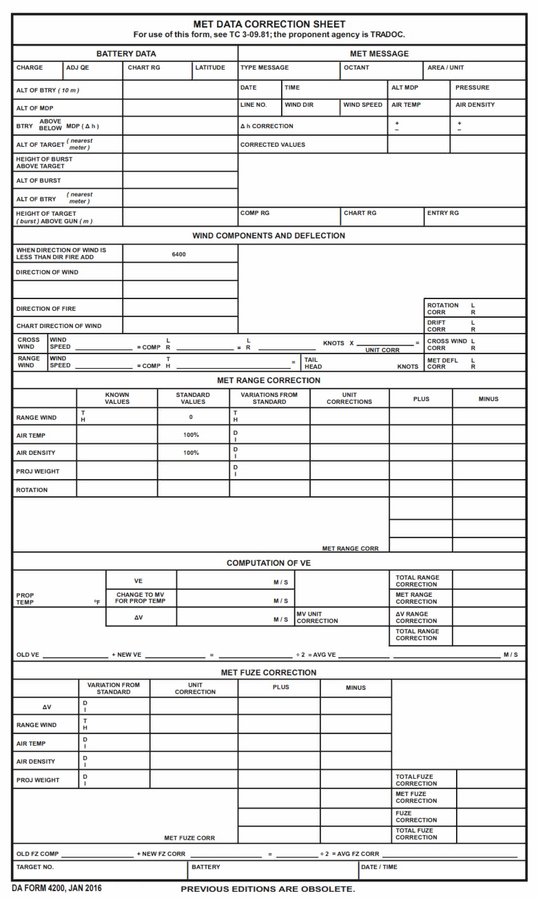 DA FORM 4200 - Met Data Correction Sheet