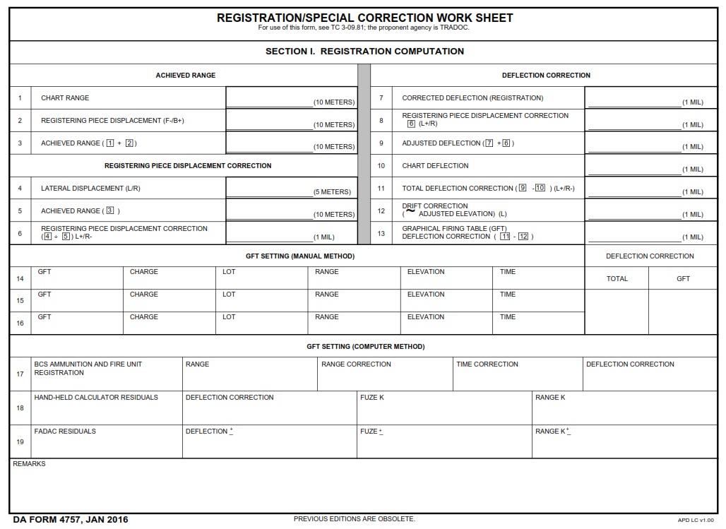 DA FORM 4757 - Registration Special Correction Work Sheet