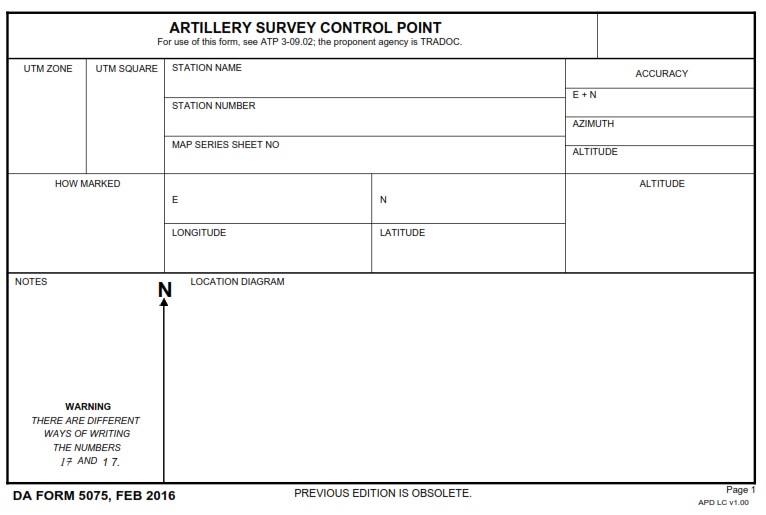 DA FORM 5075 - Artillery Survey Control Point page 1