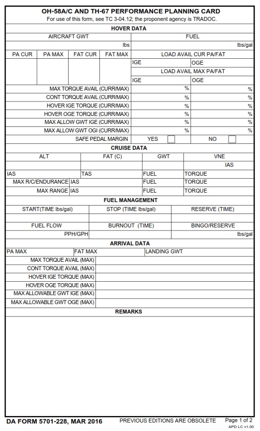 DA FORM 5701-228 - OH-58A_C and TH-67 Performance Planning Card Page 1