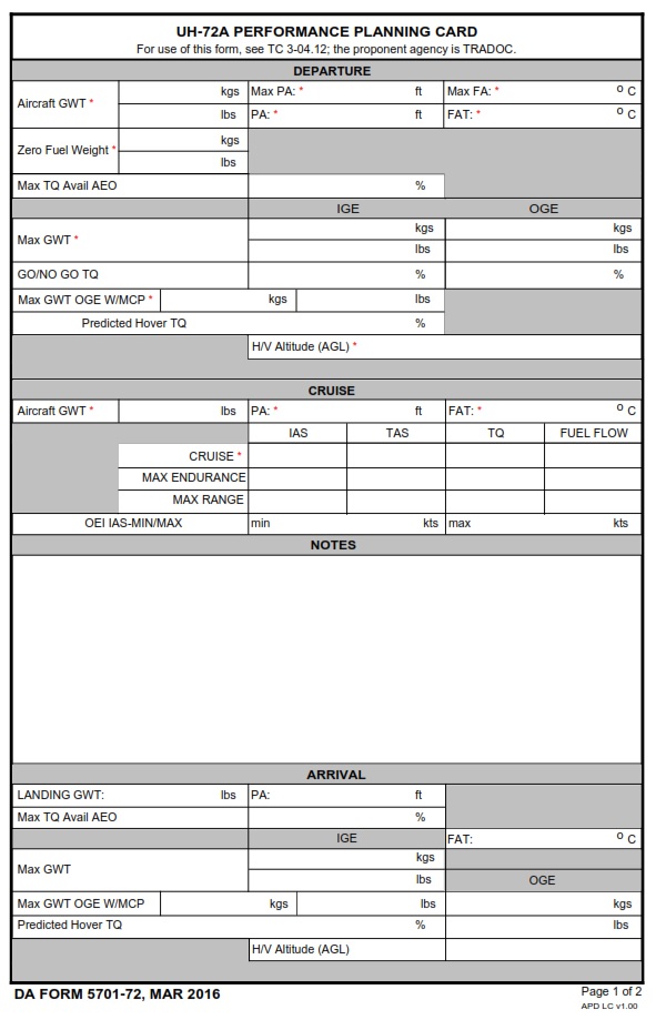 DA FORM 5701-72 - UH-72A Performance Planning Card Page 1