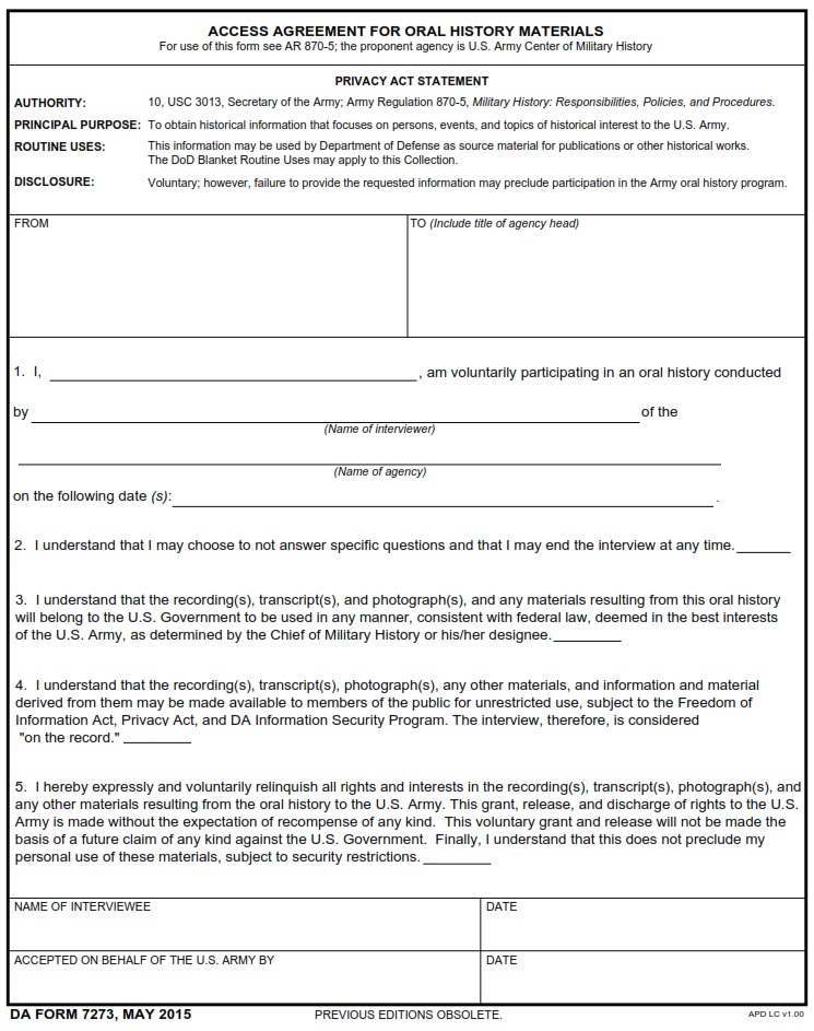 DA FORM 7273 - Access Agreement For Oral History Materials