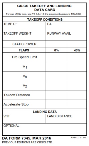 DA FORM 7345 - GR-CS Takeoff and Landing Data Card 1