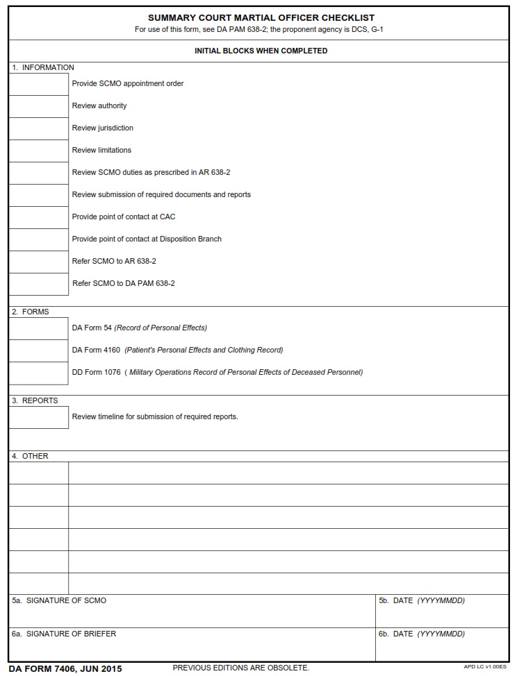 DA FORM 7406 - Summary Court Martial Officer Checklist