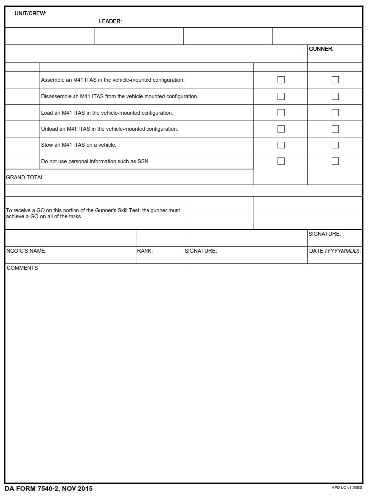 DA FORM 7540-2 - M41 Improved Target Acquisition System (Itas) Gunners Skill Test, Scorecard For Part 2