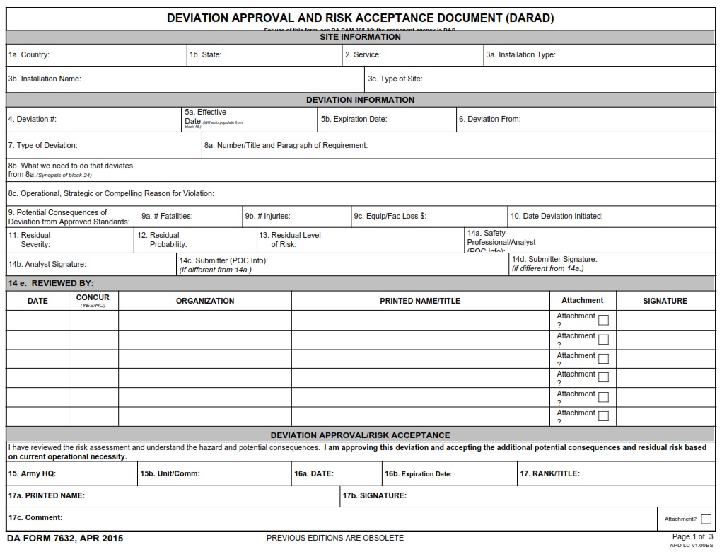 DA FORM 7632 - Deviation Approval And Risk Acceptance Document (Darad) Page 1