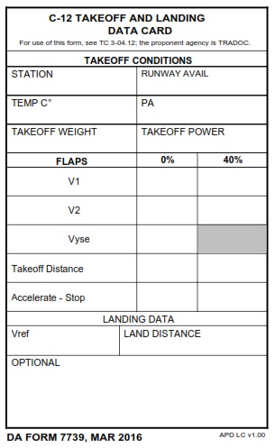 DA FORM 7739 - C-12 Takeoff And Landing Data Card 1
