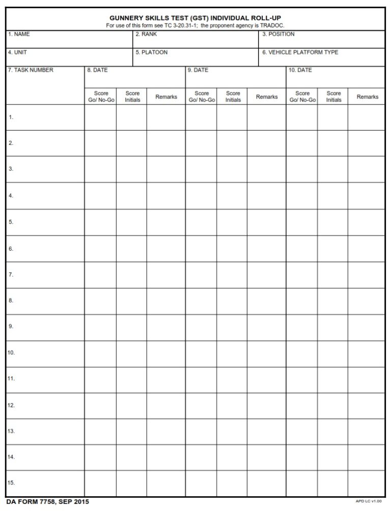 DA FORM 7758 – Gunnery Skills Test (GST) Individual Roll-Up | Army Pubs ...