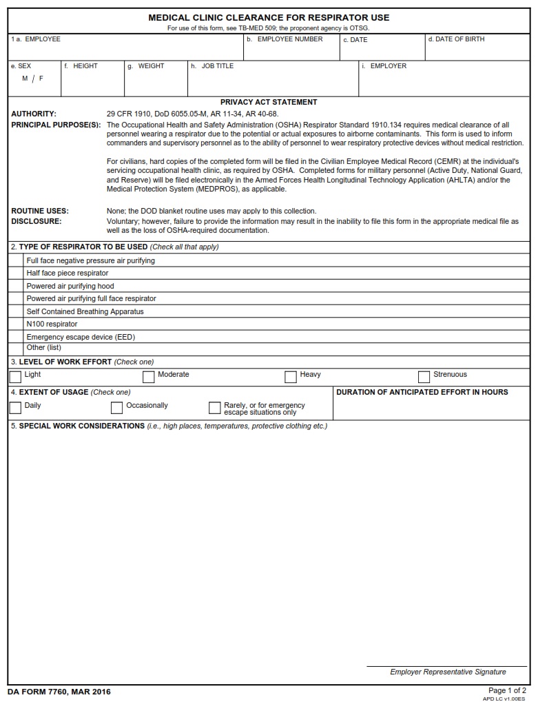 DA FORM 7760 - Medical Clinic Clearance For Respirator Use Page 1
