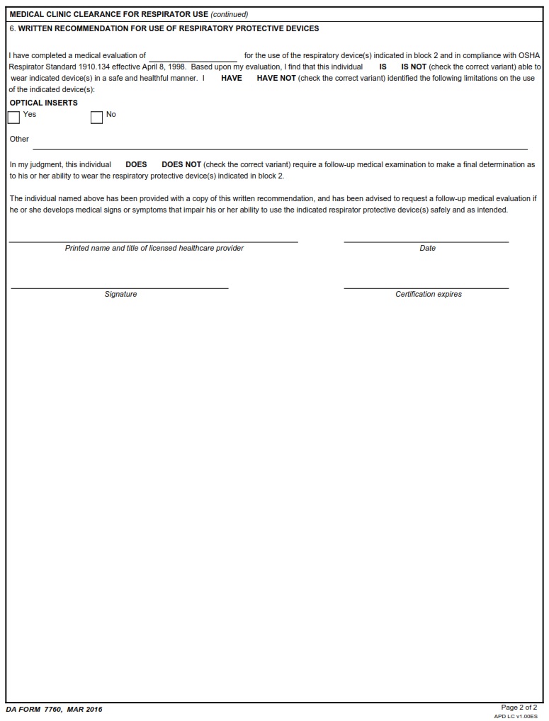 DA FORM 7760 - Medical Clinic Clearance For Respirator Use Page 2