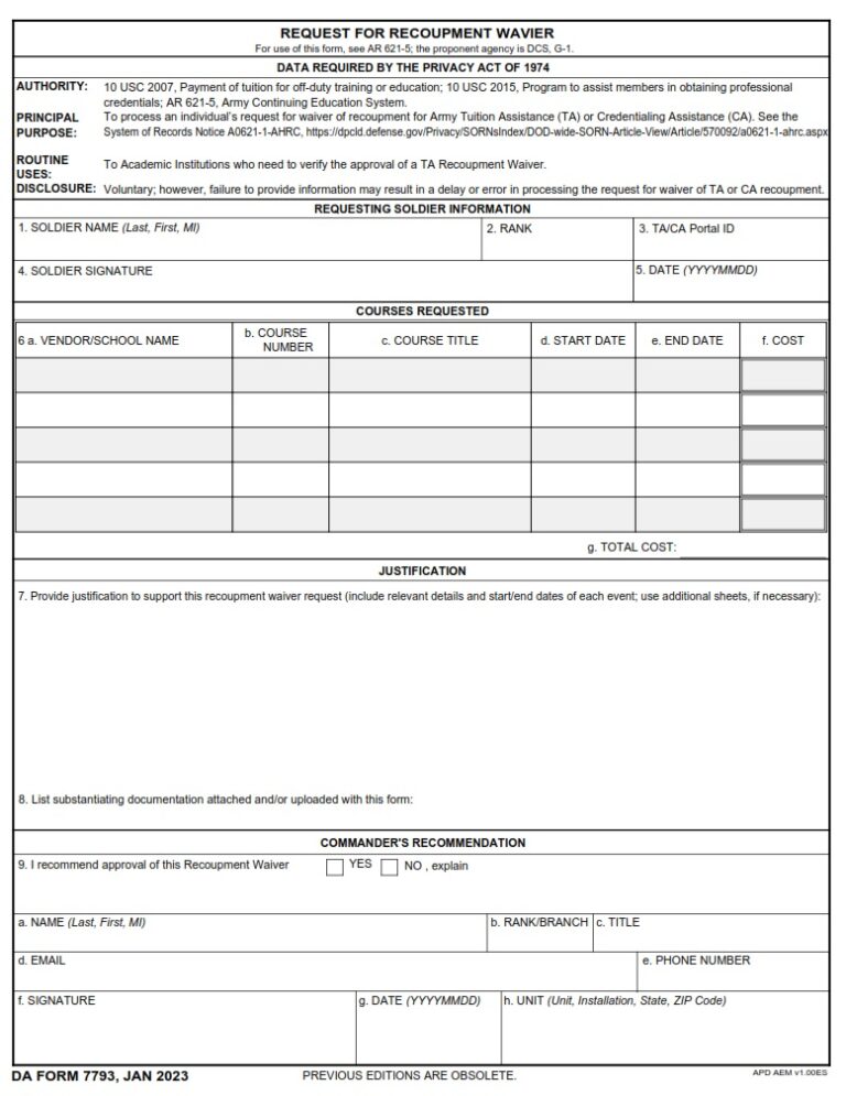 DA Form 7793 – Request For Recoupment Wavier | Army Pubs DA Form