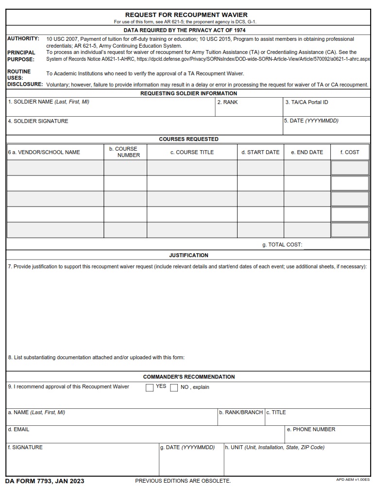 DA Form 7793 - Request For Recoupment Wavier