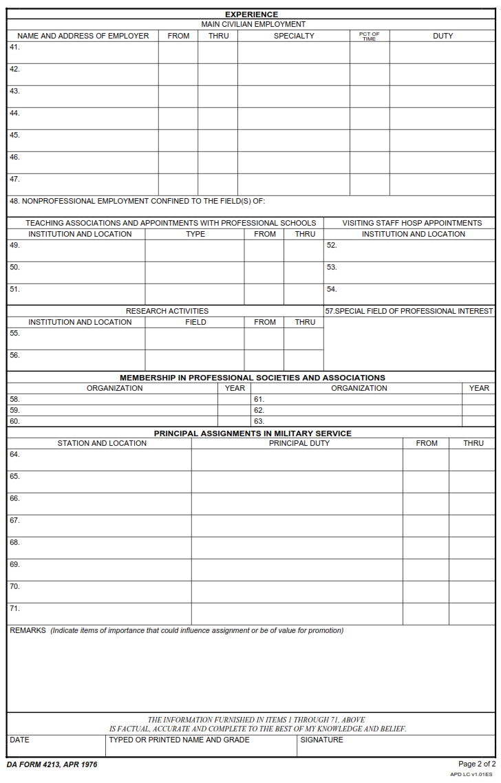 Da Form 4213 - Supplemental Data For Army Medical Service Reserve Officers Page 2