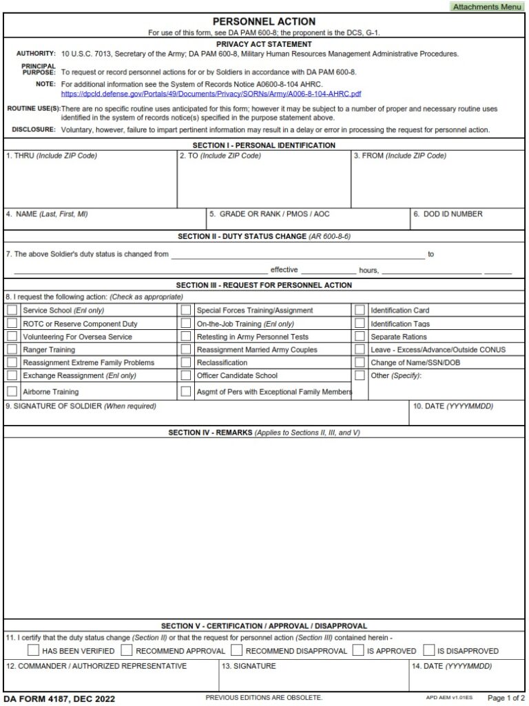 DA FORM 4187 – Personnel Action | Army Pubs DA Form