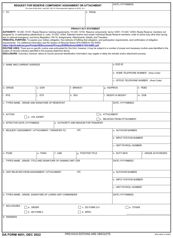 DA FORM 4651 - Request For Reserve Component Assignment Or Attachment
