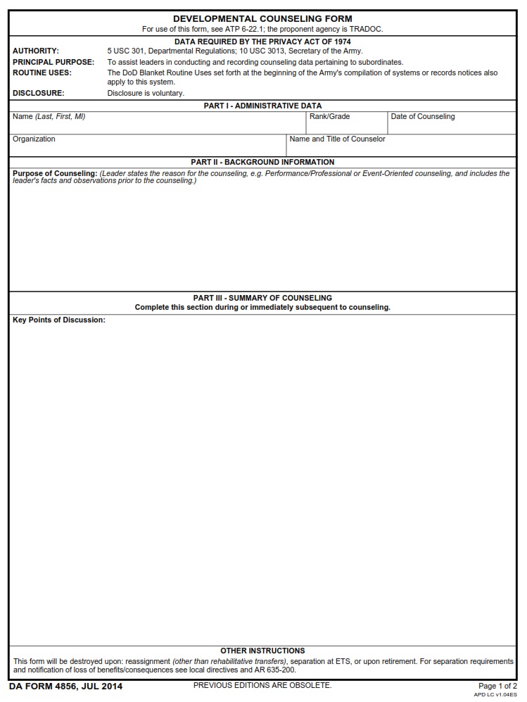 DA FORM 4856 - Developmental Counseling Form page 1