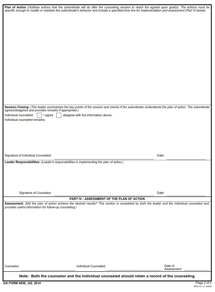 DA FORM 4856 - Developmental Counseling Form page 2