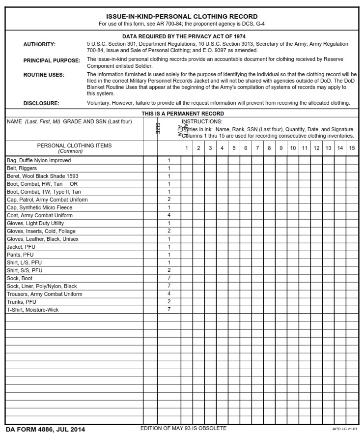 DA FORM 4886 - Issue-In-Kind-Personal Clothing Record page 1