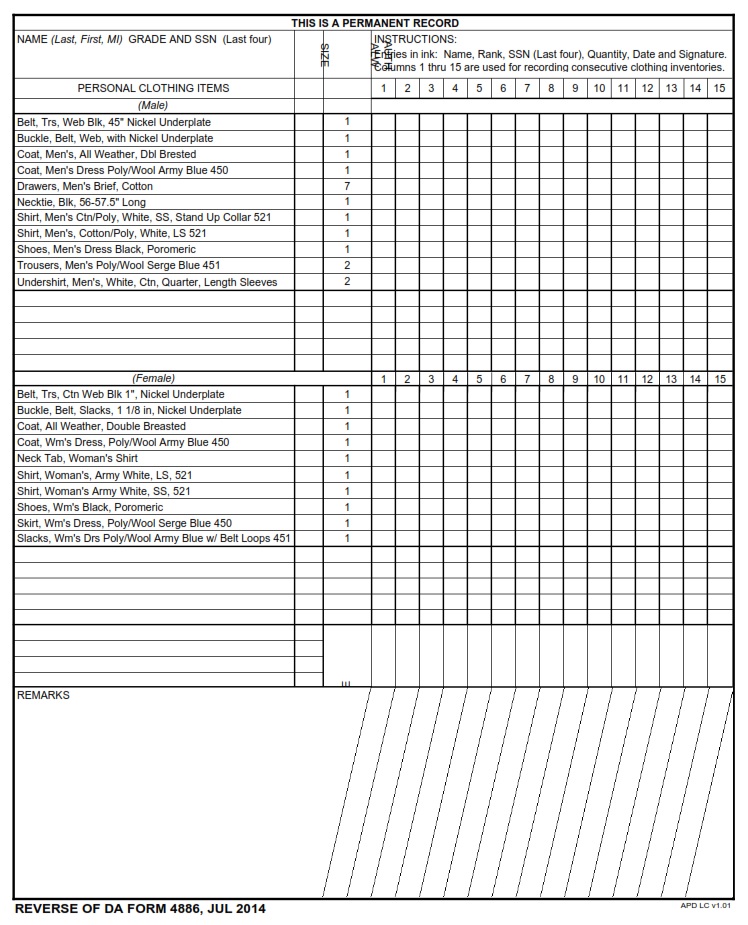 DA FORM 4886 - Issue-In-Kind-Personal Clothing Record page 2
