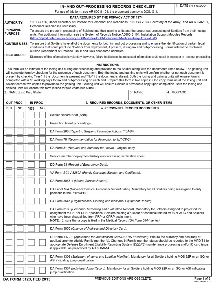 DA FORM 5123 - In- And Out- Processing Records Checklist Page 1