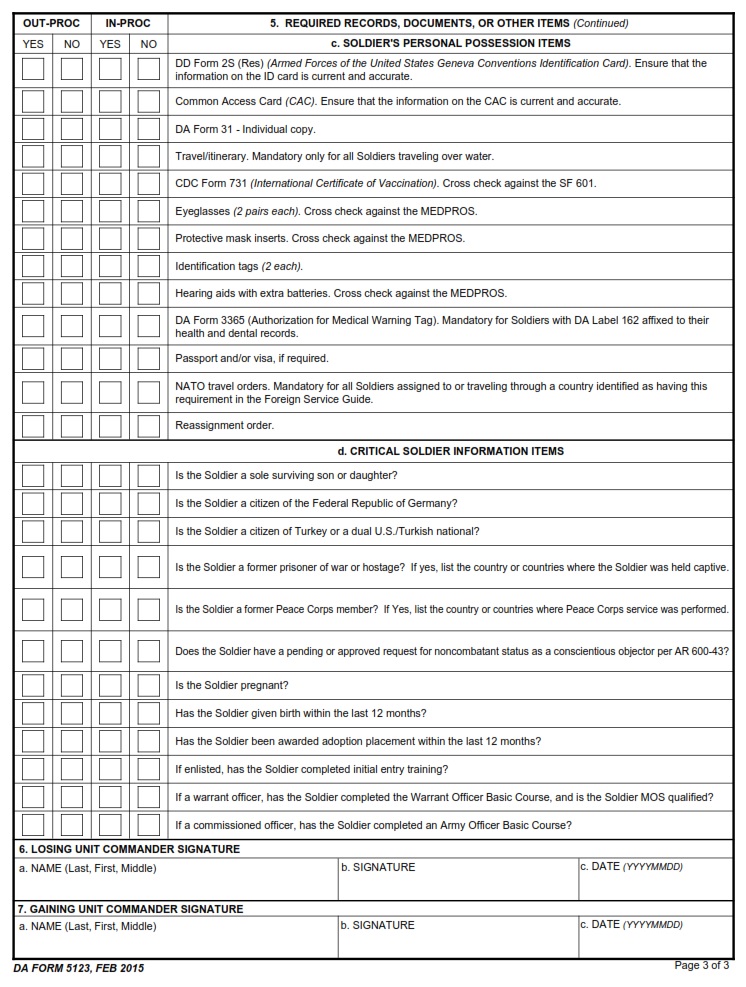 DA FORM 5123 - In- And Out- Processing Records Checklist Page 3
