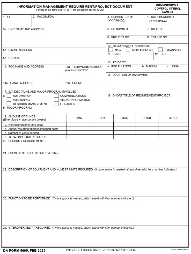DA FORM 5695 - Information Management Requirement Project Document Page 1