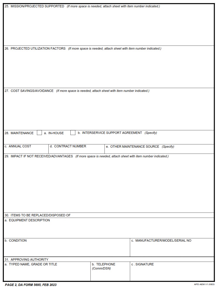 DA FORM 5695 - Information Management Requirement Project Document Page 2