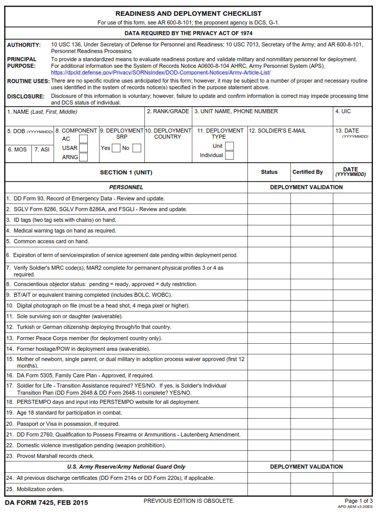 DA FORM 7425 - Readiness And Deployment Checklist Page 1
