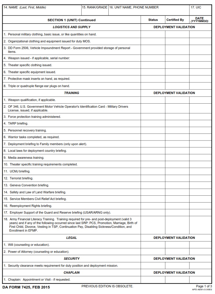 DA FORM 7425 - Readiness And Deployment Checklist Page 2
