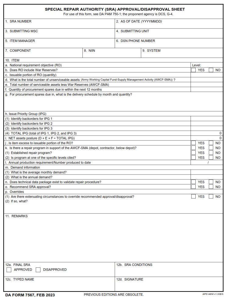 DA FORM 7567 - Special Repair Authority (SRA) Approval Disapproval Sheet