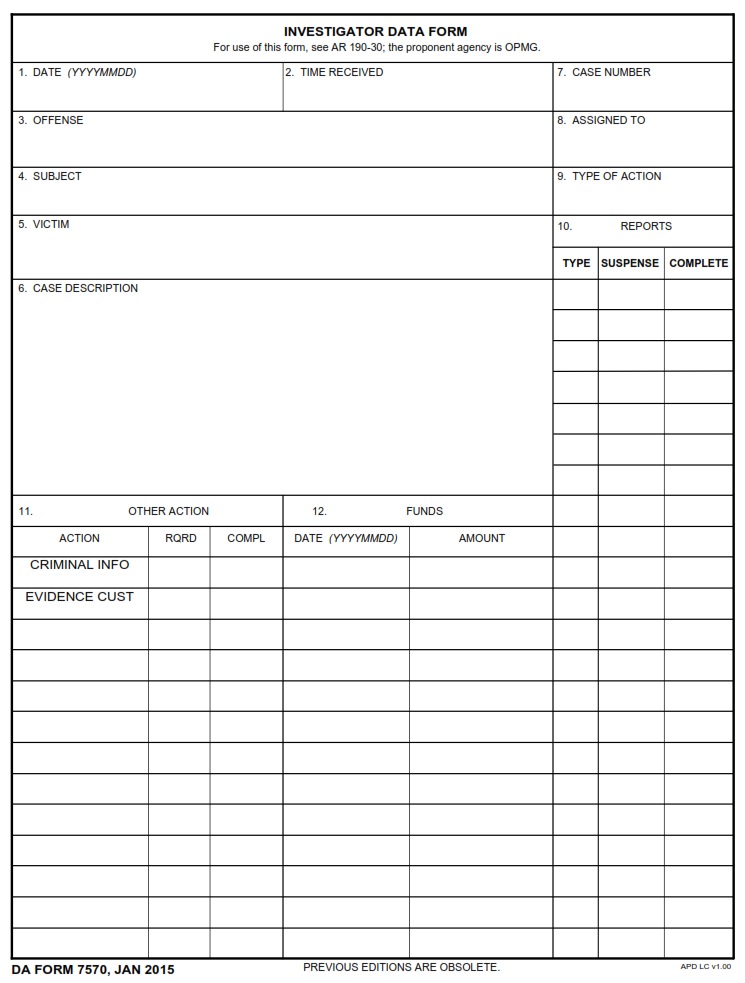 DA FORM 7570 - Investigator Data Form