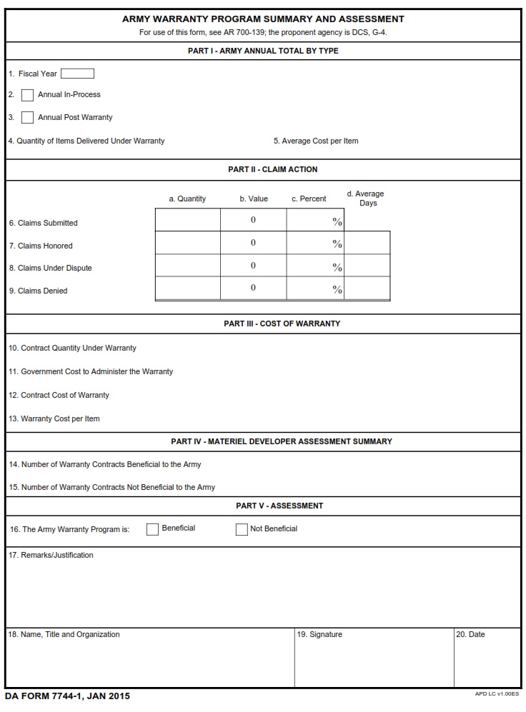 DA FORM 7744-1 - Army Warranty Program Summary And Assessment