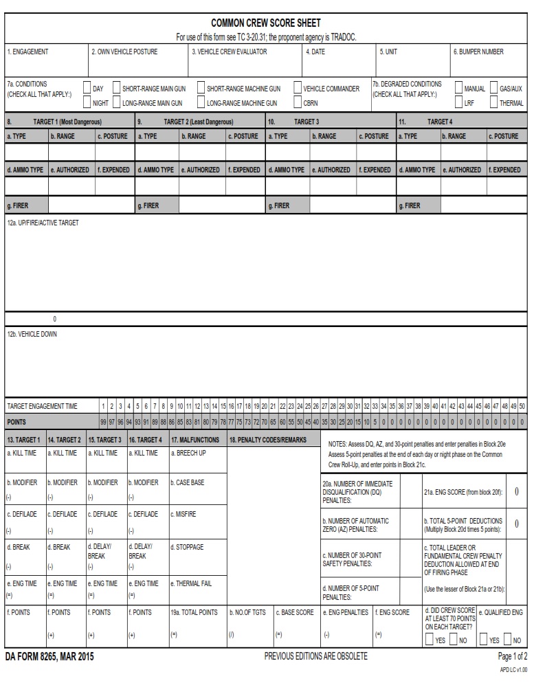 DA FORM 8265 - Common Crew Score Sheet