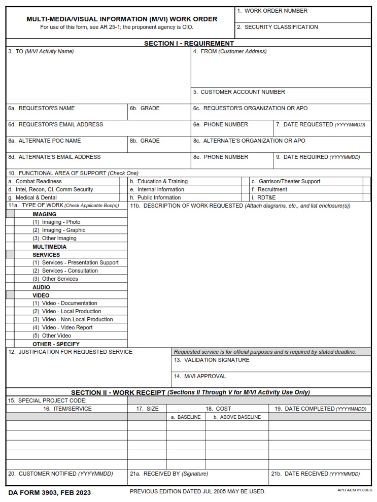 Da Form 3903 - Multi-MediaVisual Information (MVI) Work Order