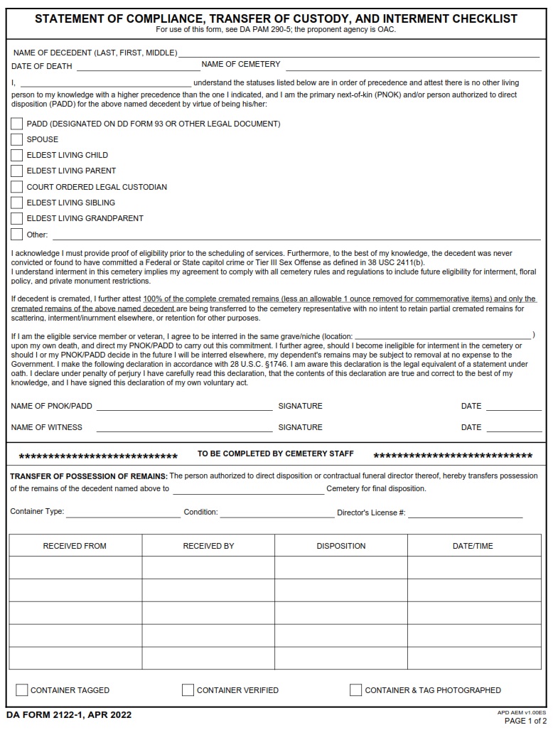 DA FORM 2122-1 - Statement Of Compliance, Transfer Of Custody, And Interment Checklist page 1