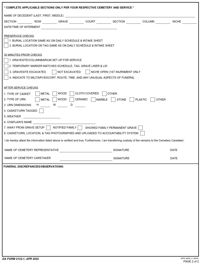 DA FORM 2122-1 - Statement Of Compliance, Transfer Of Custody, And Interment Checklist page 2