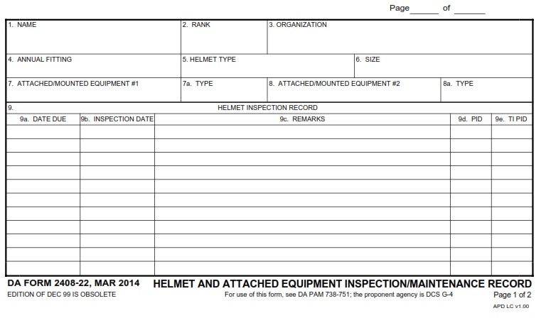 DA FORM 2408-22 - Helmet And Attached Equipment Inspection Maintenance Record Page 1