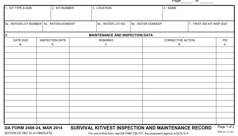 DA FORM 2408-24 - Survival Kit Vest Inspection And Maintenance Record Page 1