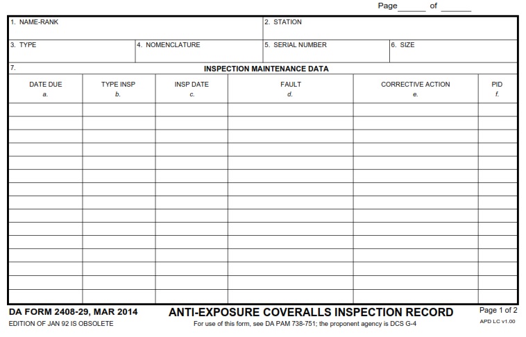 DA FORM 2408-29 - Anti-Exposure Coveralls Inspection Record Page 1